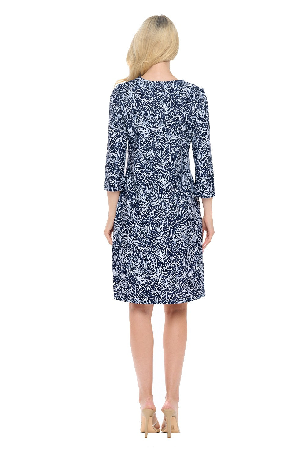 Navy Paisley A-Line Dress with 3/4 Sleeves