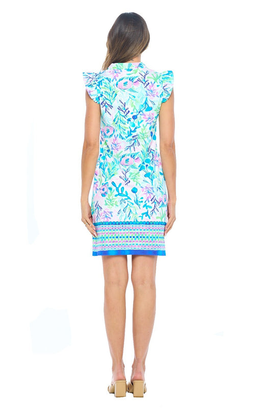 Aqua Garden Flutter Sleeve Shift Dress
