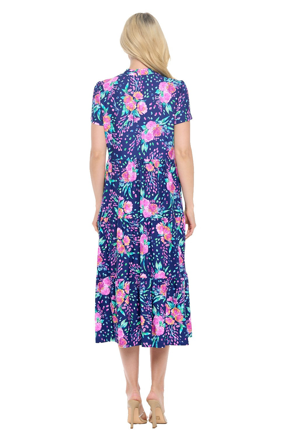 Navy Floral Midi Dress with Pockets
