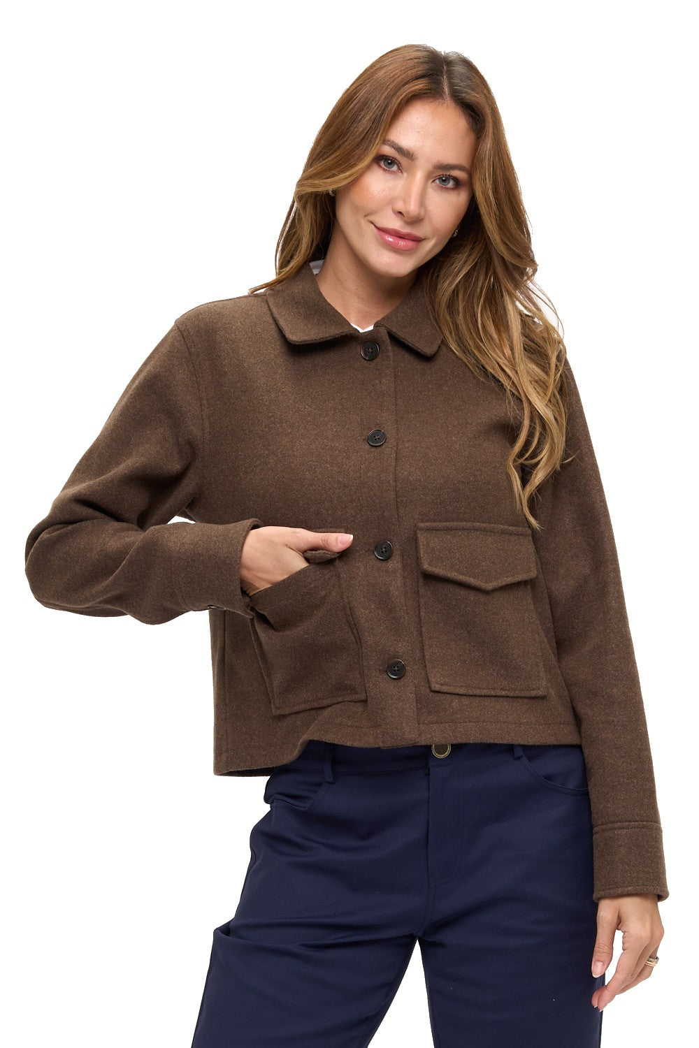 Brown Button-Front Wool Like Jacket