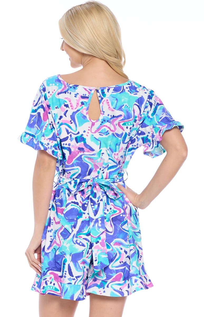 Ruffle Sleeve Abstract Print Romper with Self-Tie