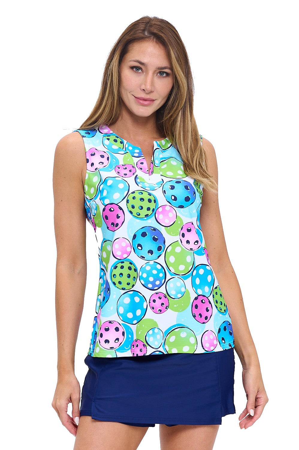 Pickleball Party Sleeveless Top - Colorful Polka Dot Print