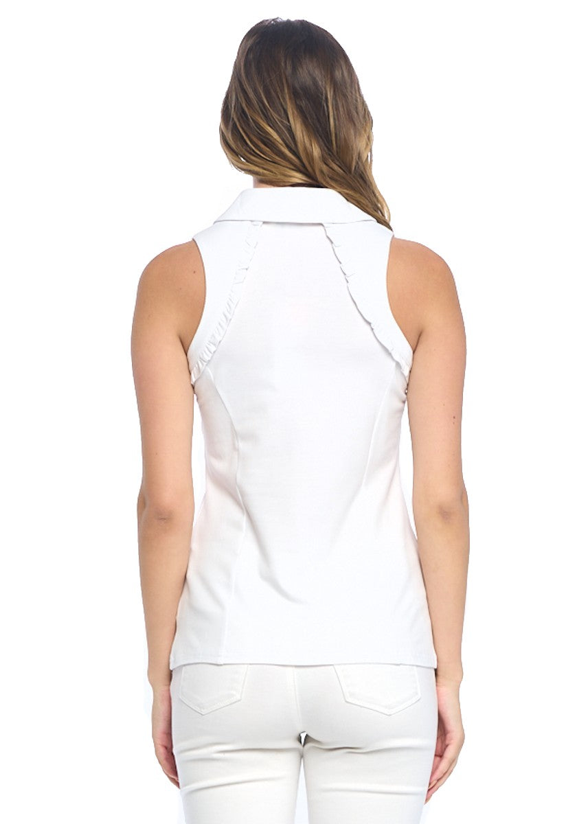 Sleeveless Ruffle Collar Golf Polo - White
