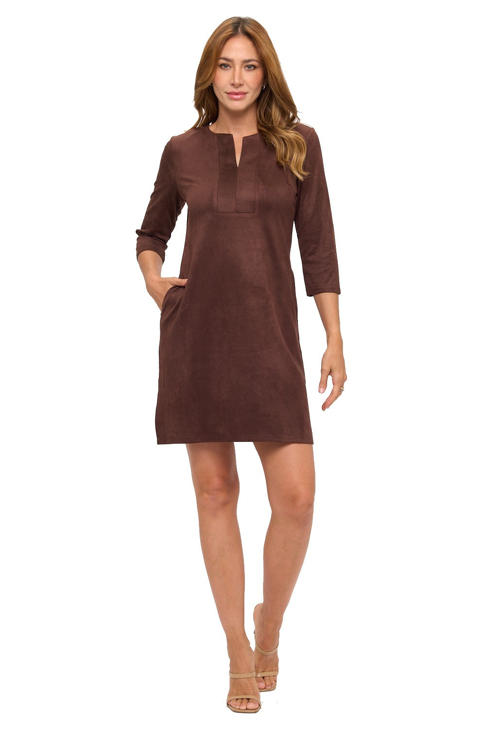 Sophisticated Brown Shift Dress with Pockets