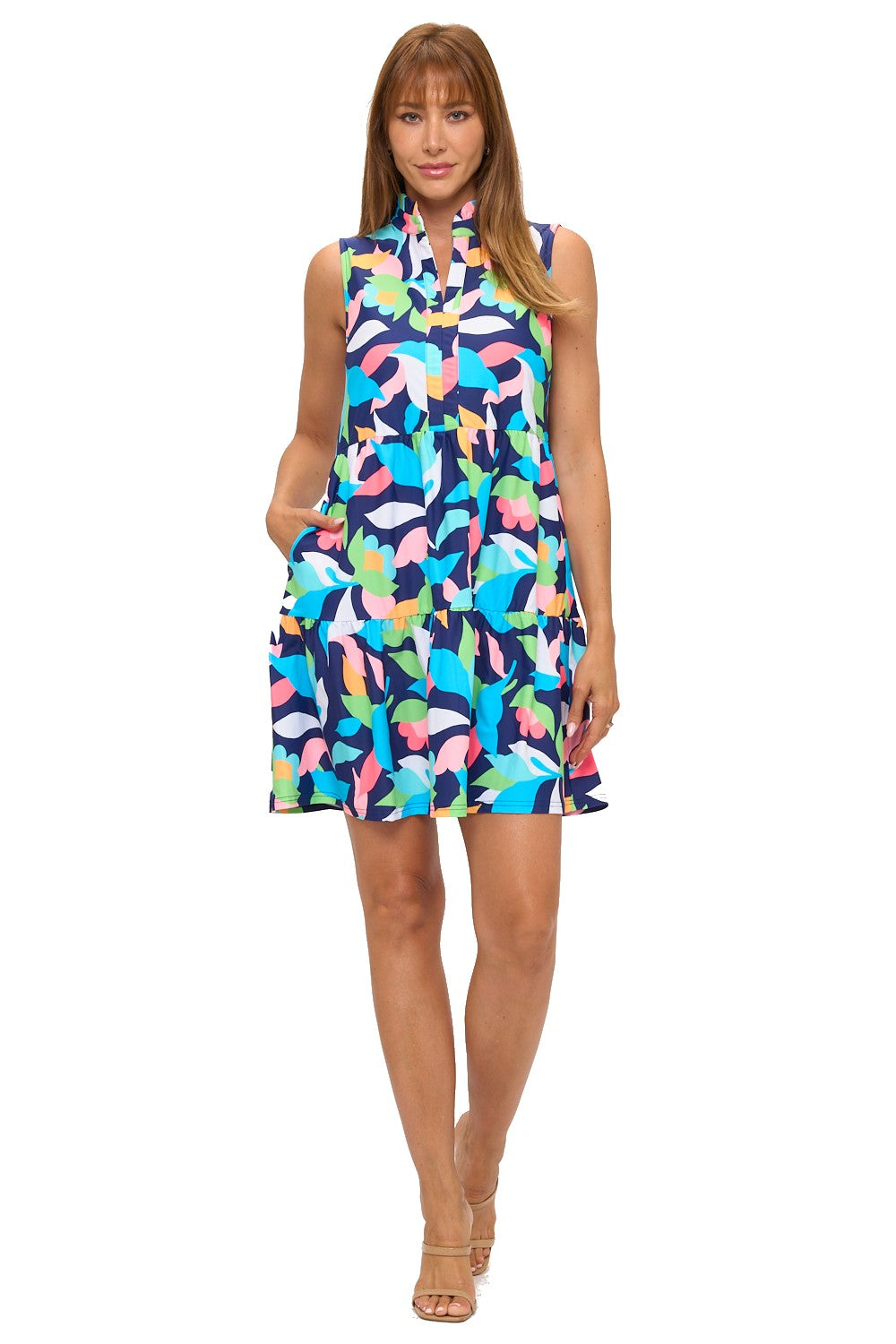 Sleeveless Printed Dress with Collar