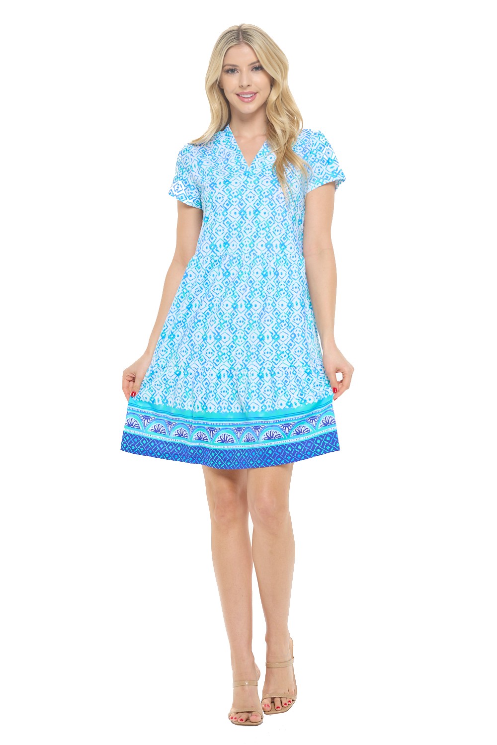 Short Sleeve Geometric Print Dress with Border Detail