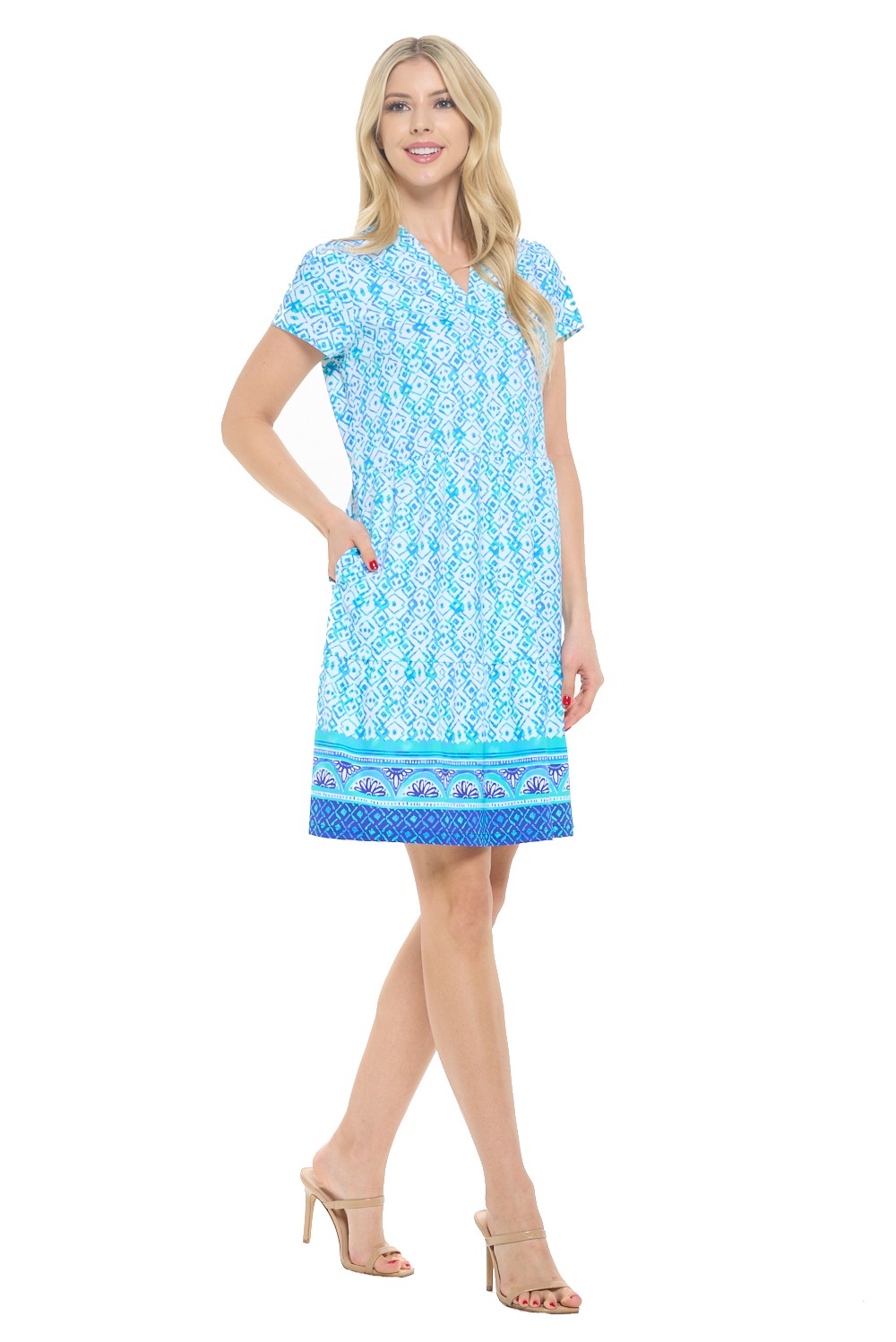Short Sleeve Geometric Print Dress with Border Detail