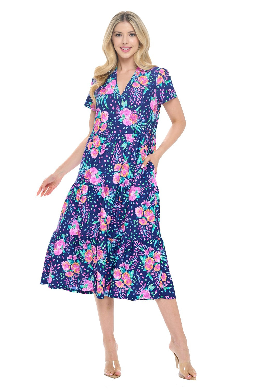 Navy Floral Midi Dress with Pockets