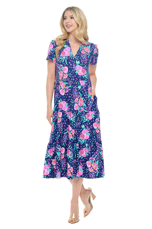 Navy Floral Midi Dress with Pockets