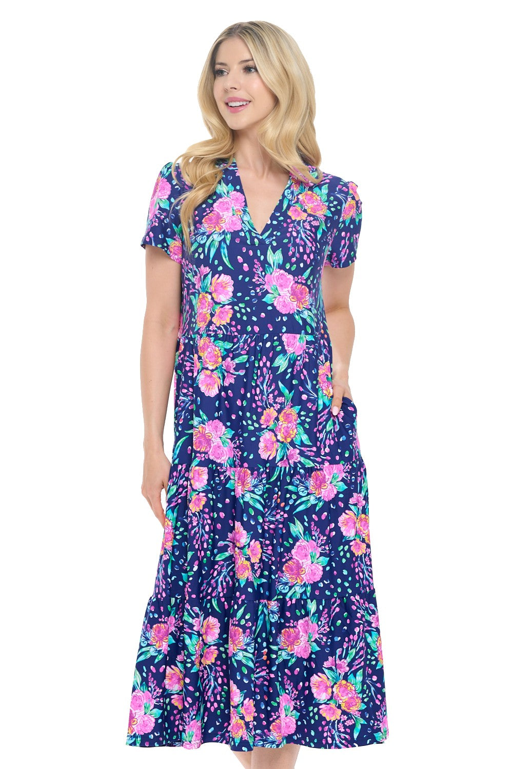 Navy Floral Midi Dress with Pockets