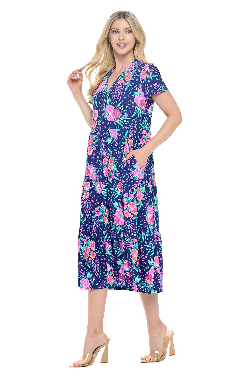 Navy Floral Midi Dress with Pockets