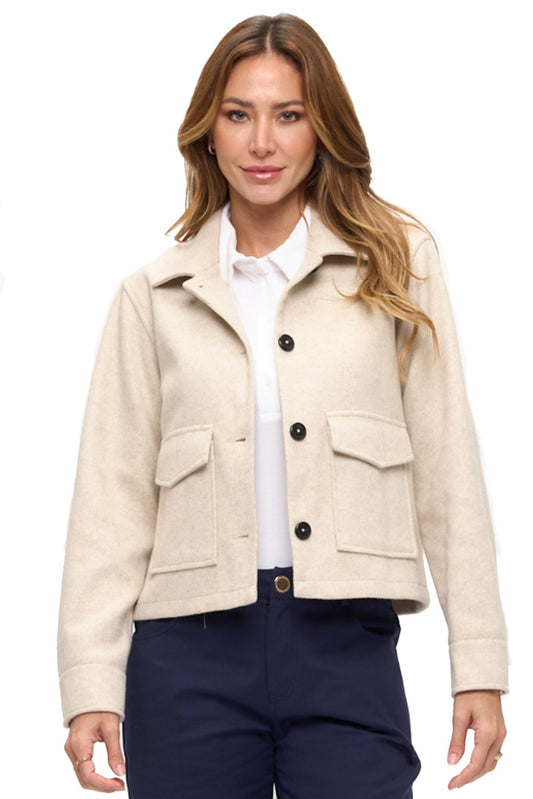 Beige Button-Front Wool Like Jacket