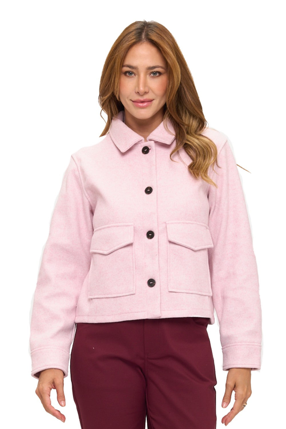 Pink Button-Front Wool Like Jacket