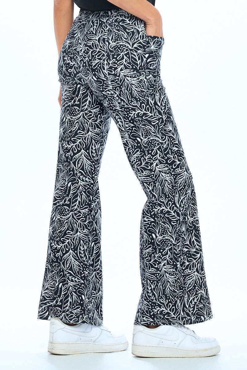 Midnight Garden Flare Pants - Black & White Botanical Print