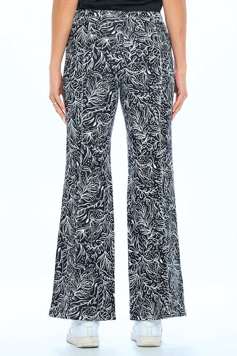 Midnight Garden Flare Pants - Black & White Botanical Print