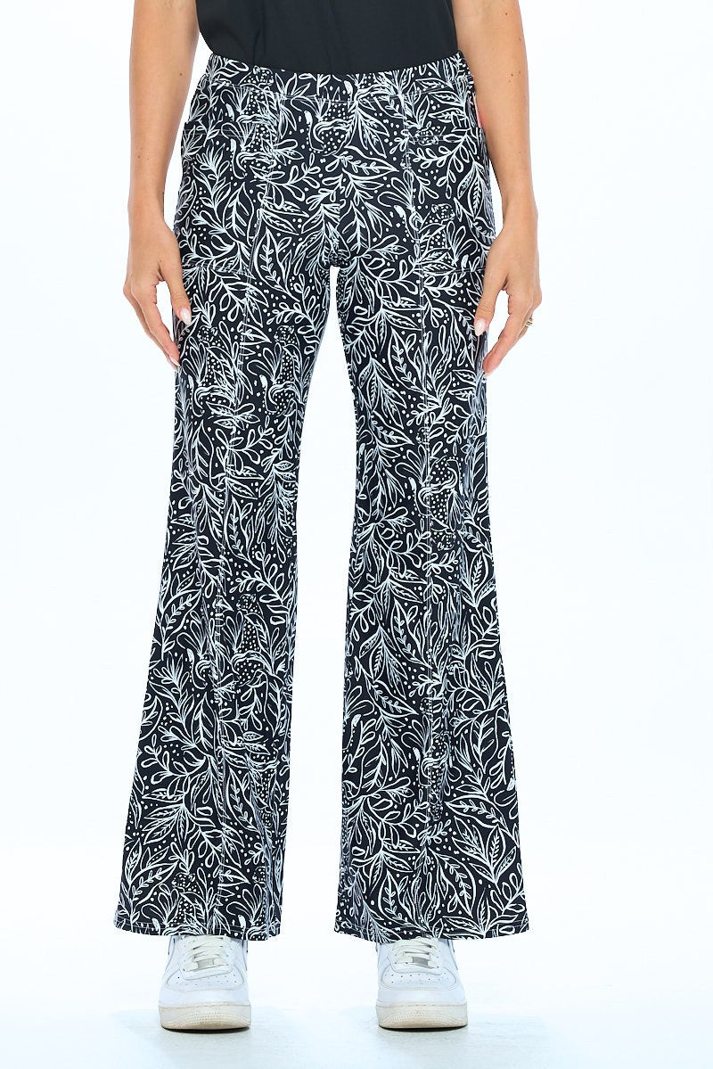 Midnight Garden Flare Pants - Black & White Botanical Print