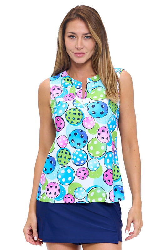 Pickleball Party Sleeveless Top - Colorful Polka Dot Print