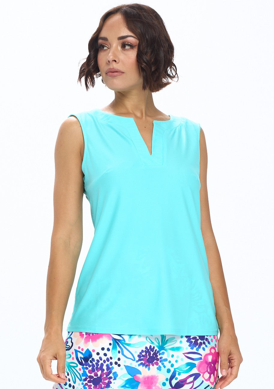 Sleeveless Split Neck Top - Turquoise