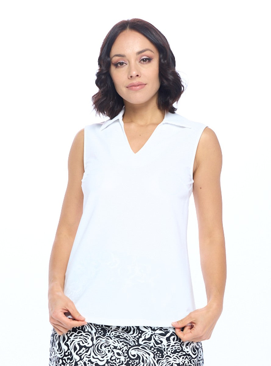 Classic White Sleeveless Polo Top with Collar