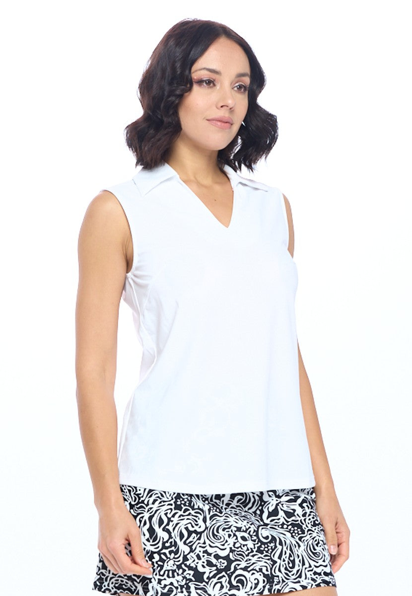 Classic White Sleeveless Polo Top with Collar