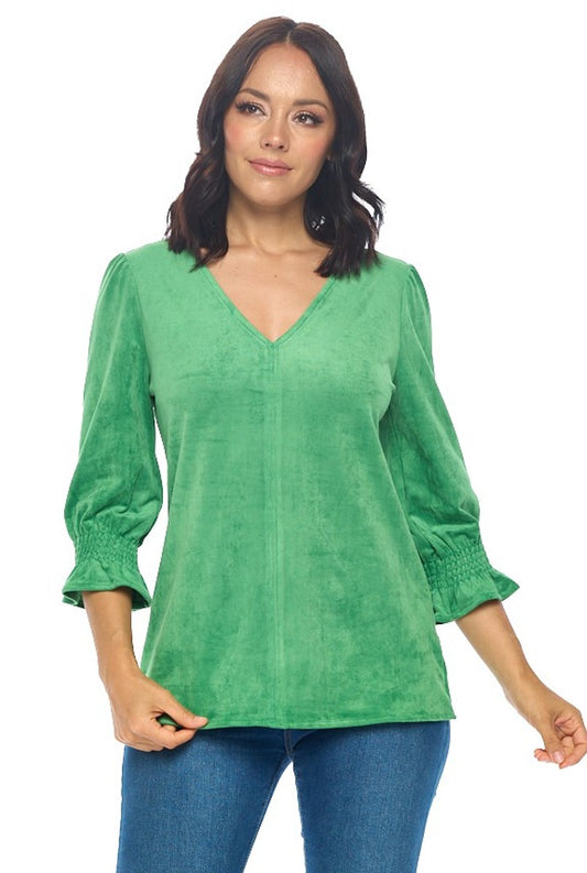 Smocked Sleeve V-Neck Top in Emerald Green