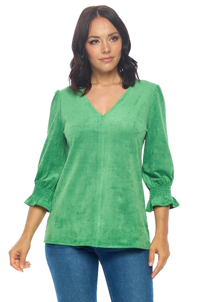 Smocked Sleeve V-Neck Top in Emerald Green