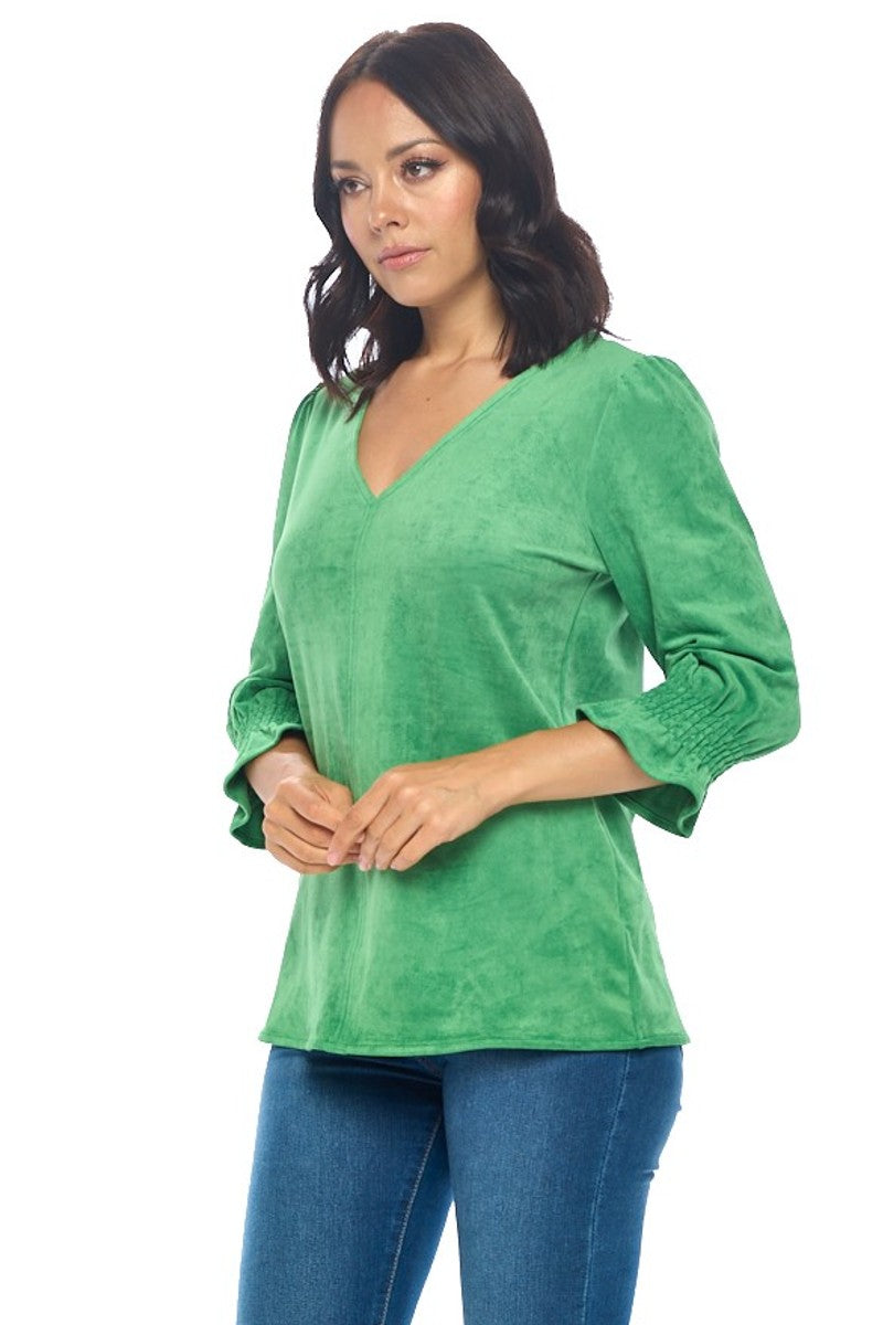 Smocked Sleeve V-Neck Top in Emerald Green