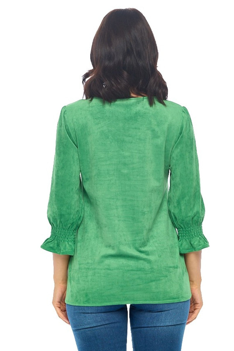 Smocked Sleeve V-Neck Top in Emerald Green
