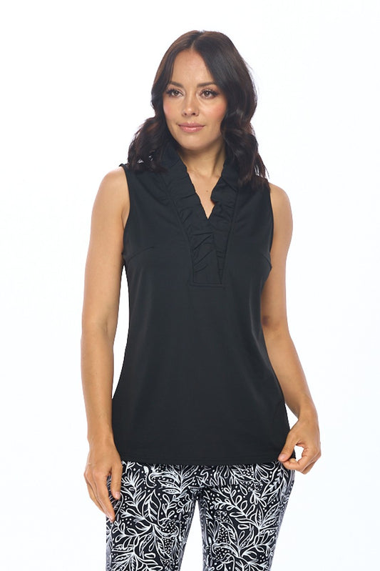 Classic Black Sleeveless Polo Top with Collar Detail